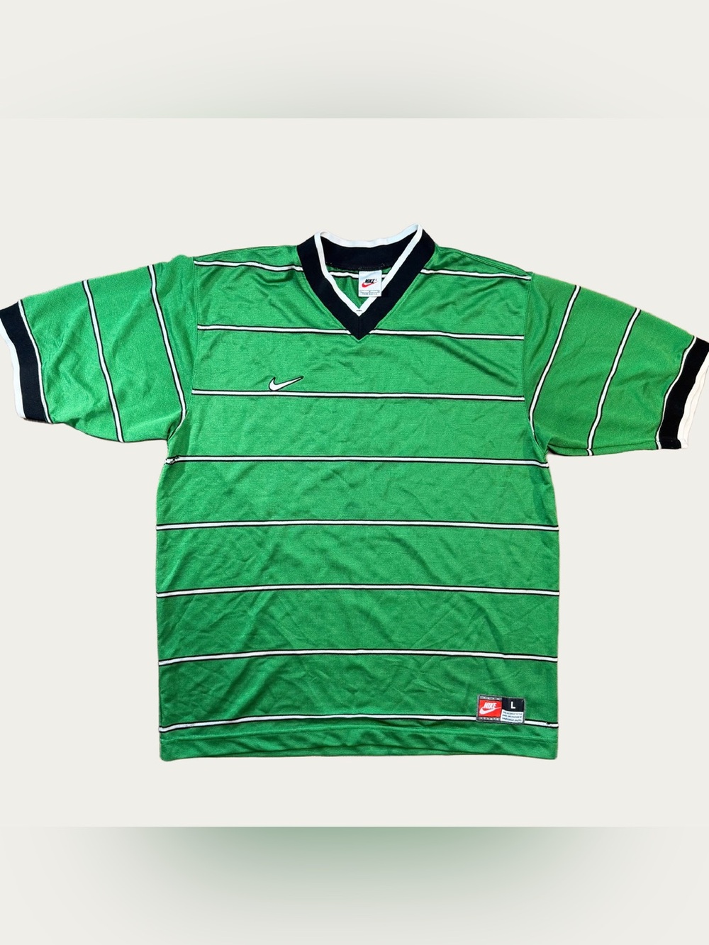 Vintage 90's Nike Swoosh Green Striped Soccer Jersey USA Sz L USED